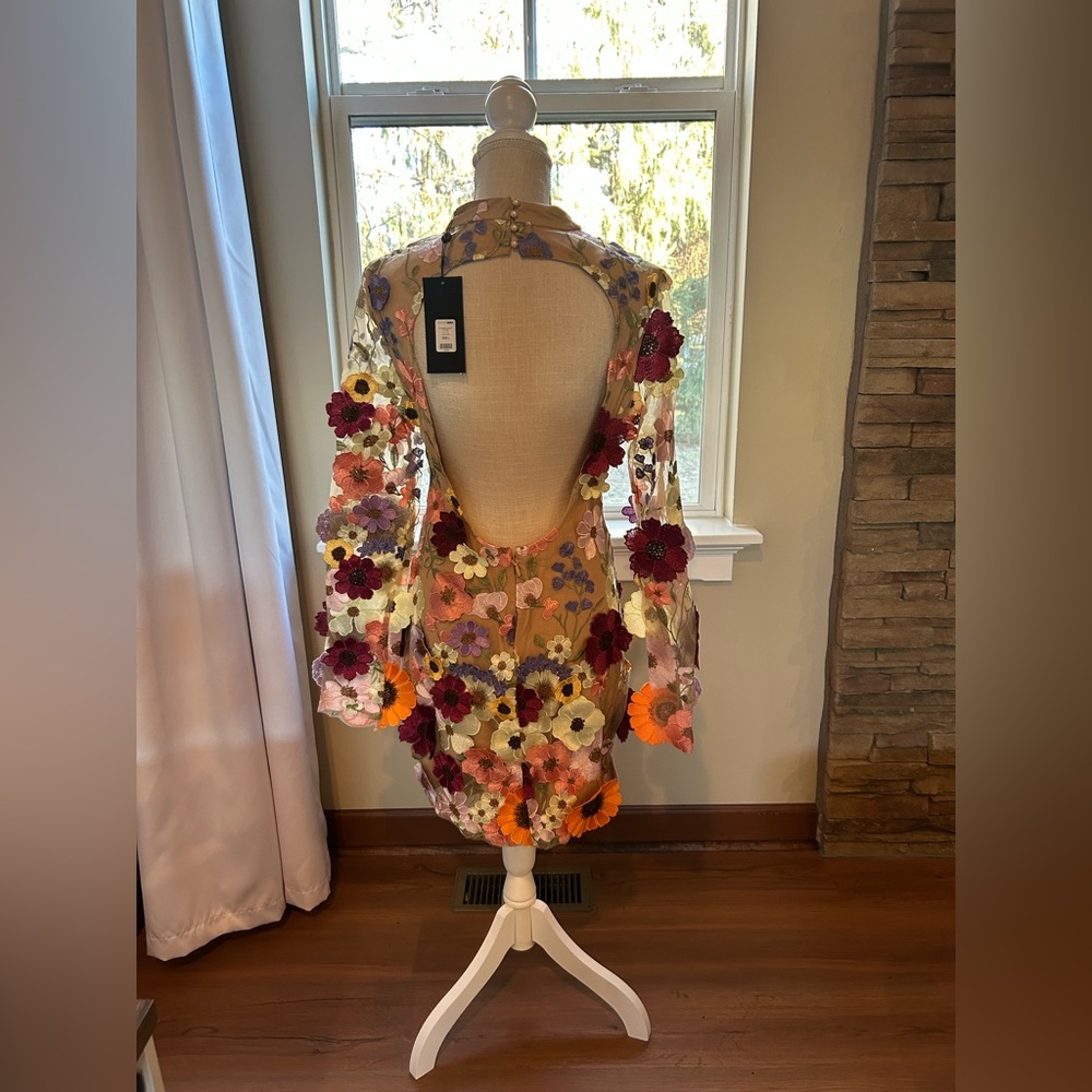 Fashion Nova Luxe Emmaline Embroidered Mini Dress-Nude/Combo-Size Large NWT💐🌸🌹🌷 - Picture 6 of 7